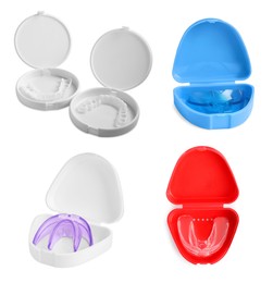 Image of Set with different mouth guards on white background. Bite correction treatment