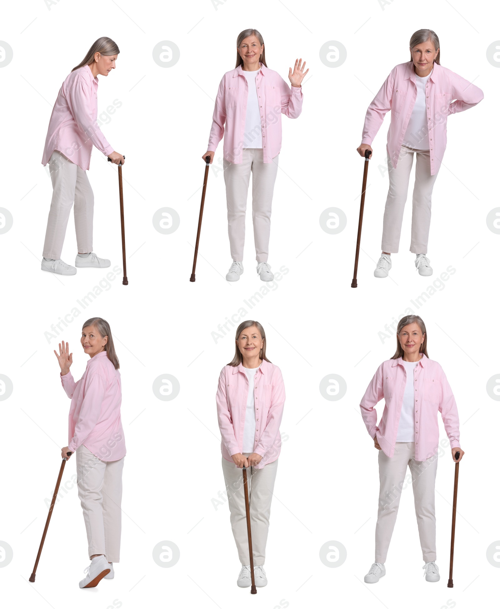 Image of Collage with photos of senior woman with walking cane on white background