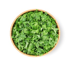Photo of Chopped parsley leaves in wooden bowl isolated on white, top view