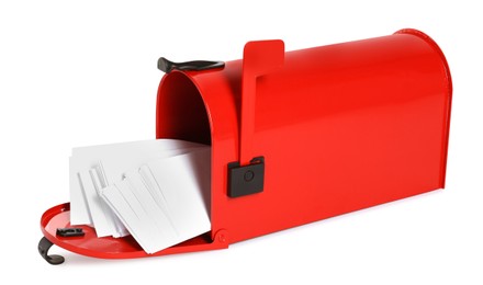 Photo of Red letter box with envelopes on white background