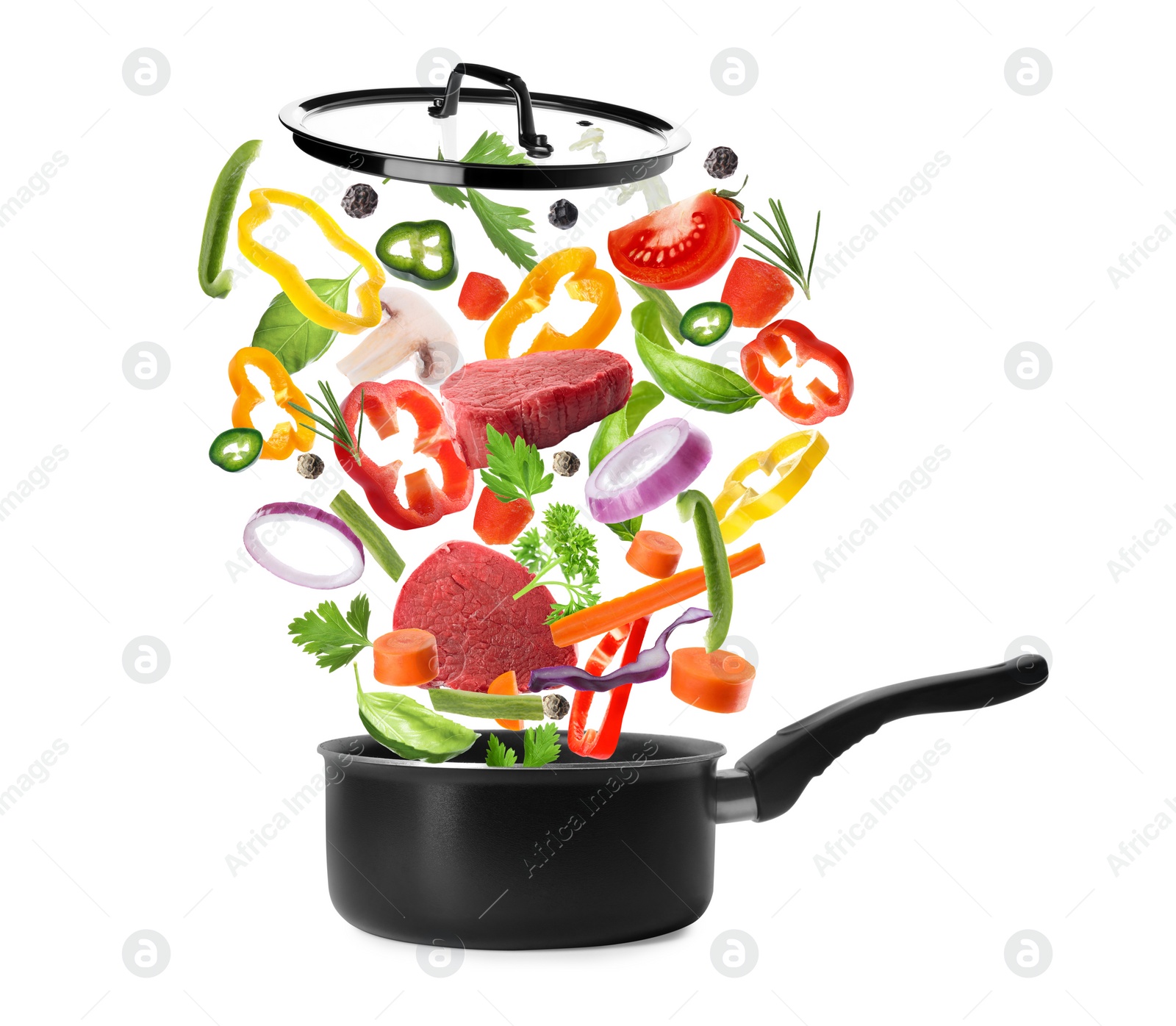 Image of Pot and fresh ingredients for soup on white background