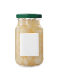 Photo of Jar of pickled onions with blank label on white background