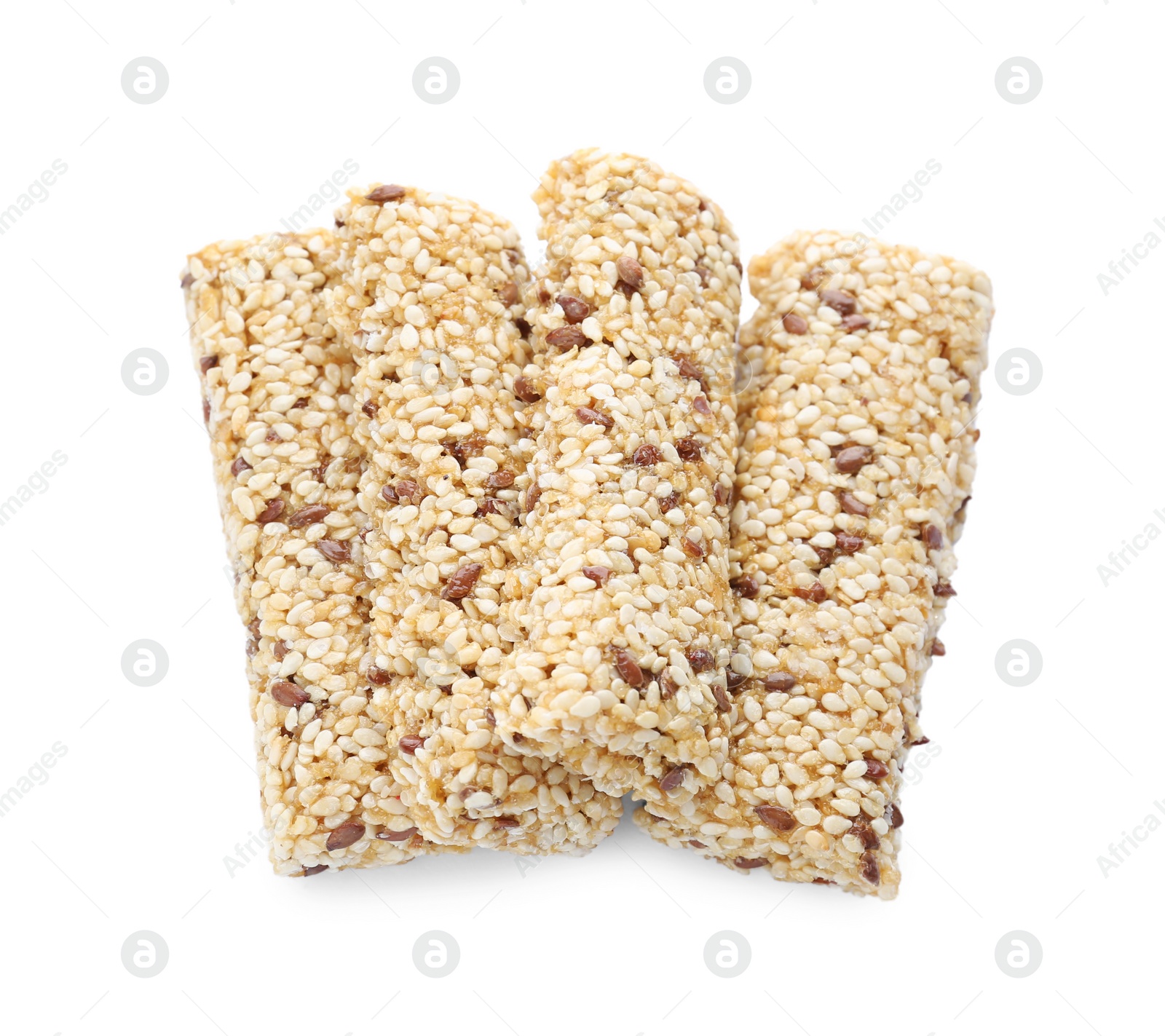 Photo of Tasty sesame seed bars isolated on white