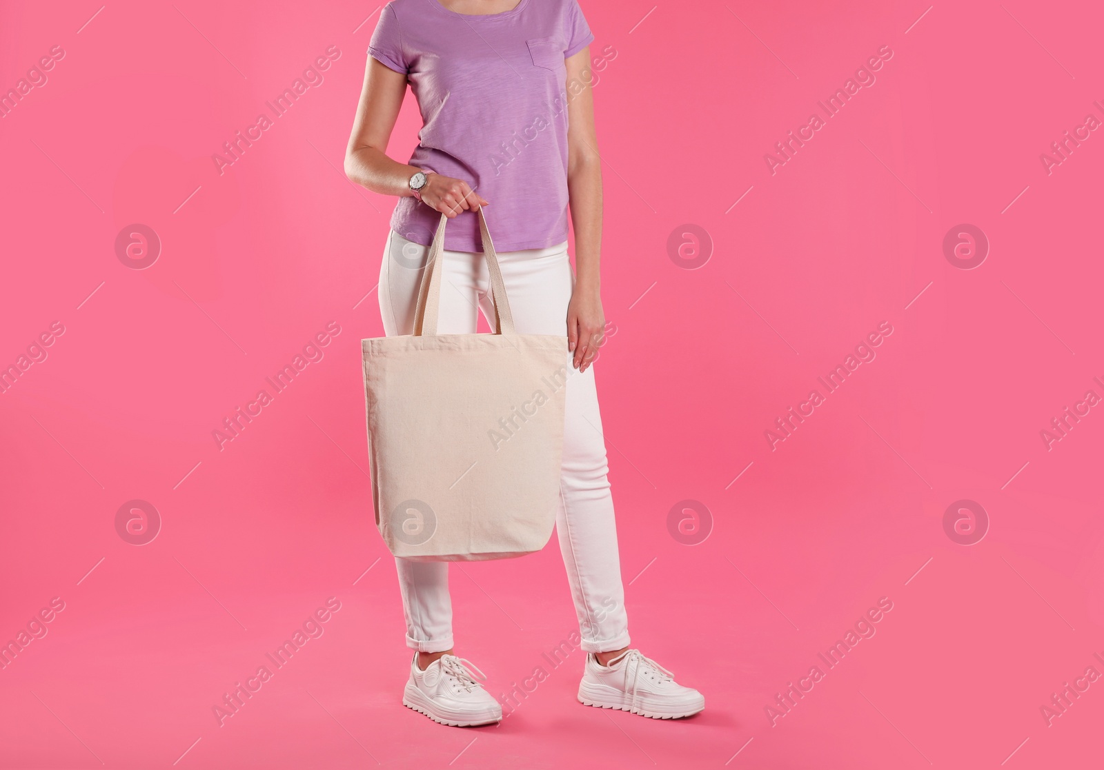 Photo of Woman with eco bag on color background. Mock up for design