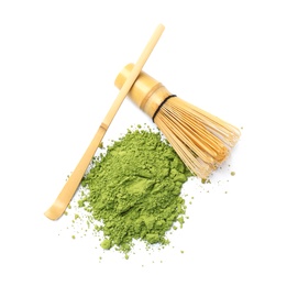 Photo of Powdered matcha tea, chashaku and chasen on white background, top view