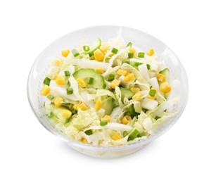 Photo of Tasty salad with Chinese cabbage, corn and cucumber in bowl isolated on white