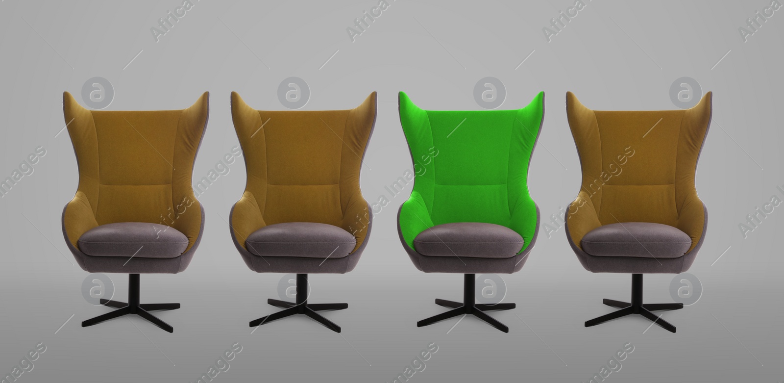 Image of Vacant position. Green office chair among yellow ones on grey background, banner design