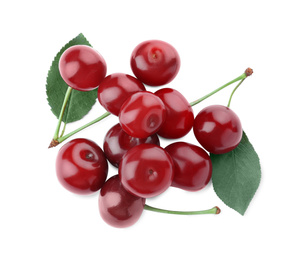 Bunch of juicy cherries on white background, top view