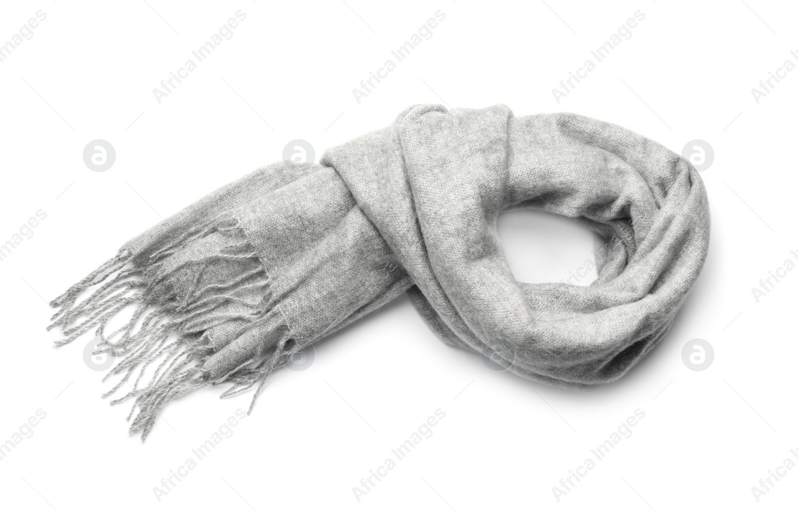 Photo of Grey scarf isolated on white, top view