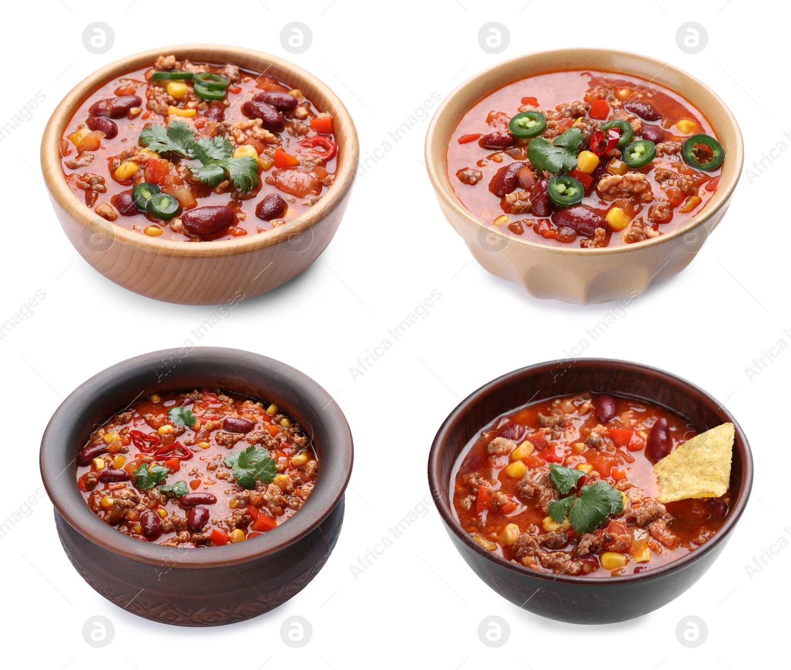 Image of Set with tasty chili con carne on white background 