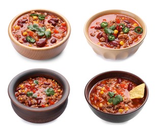 Set with tasty chili con carne on white background 