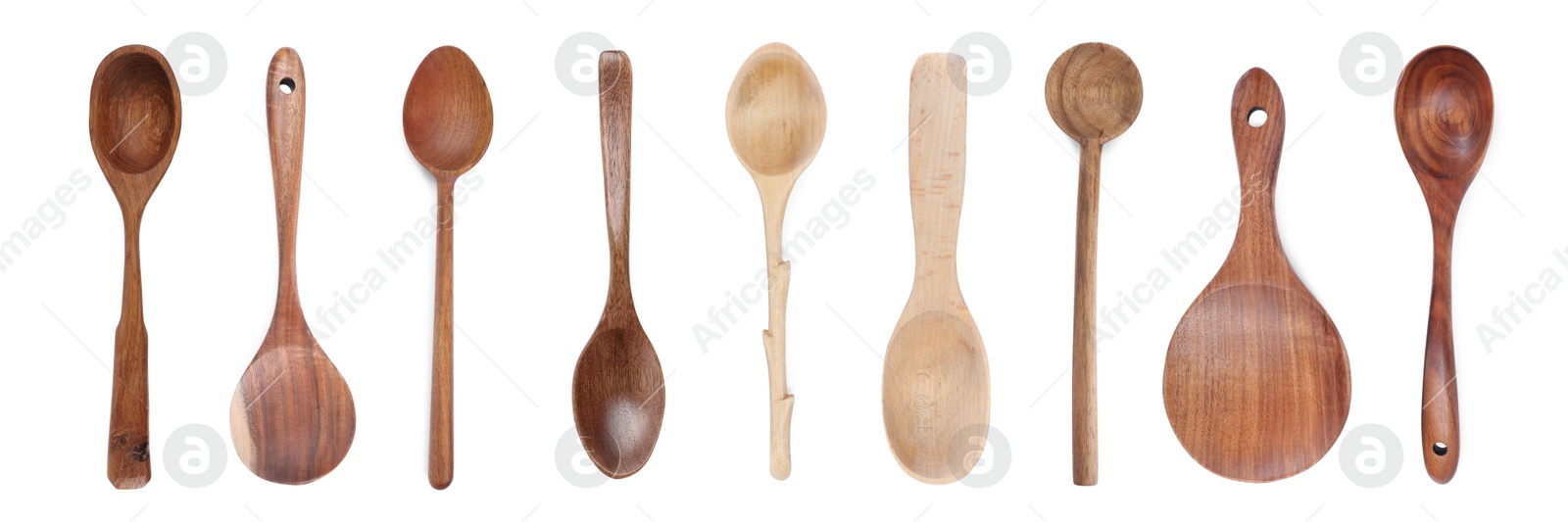 Image of Wooden spoons on white background, collage. Cooking utensil