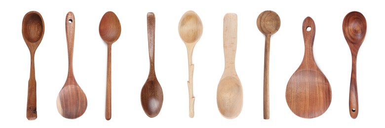 Image of Wooden spoons on white background, collage. Cooking utensil