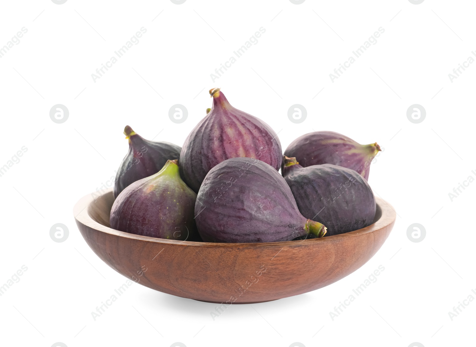 Photo of Bowl with whole purple figs on white background