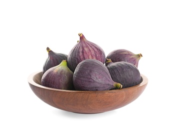 Bowl with whole purple figs on white background