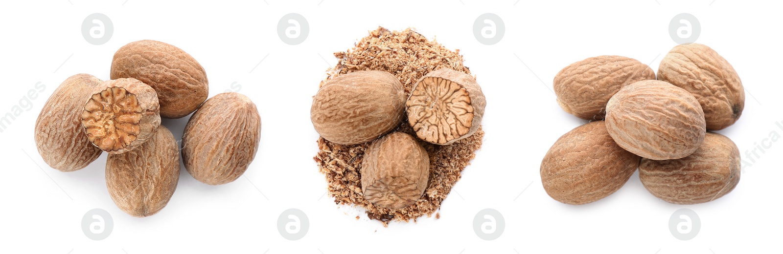 Image of Set with nutmeg seeds on white background, top view. Banner design