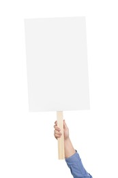 Man holding blank protest sign on white background, closeup