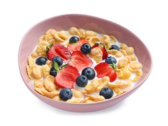 Bowl of tasty crispy corn flakes with milk and berries isolated on white