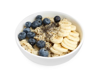 Photo of Tasty oatmeal with banana, blueberries and chia seeds in bowl isolated on white