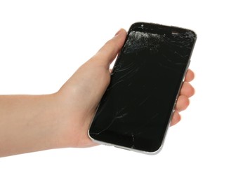 Woman holding damaged smartphone on white background, closeup. Device repairing