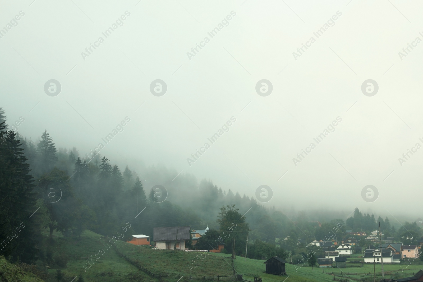 Photo of Picturesque view of mountain forest and village covered with fog