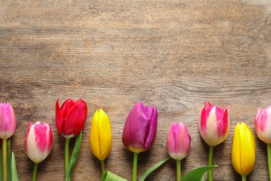 Beautiful tulips and space for text on wooden background, top view. Spring flowers