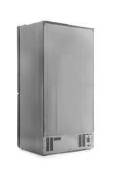 Photo of New modern refrigerator isolated on white, back view