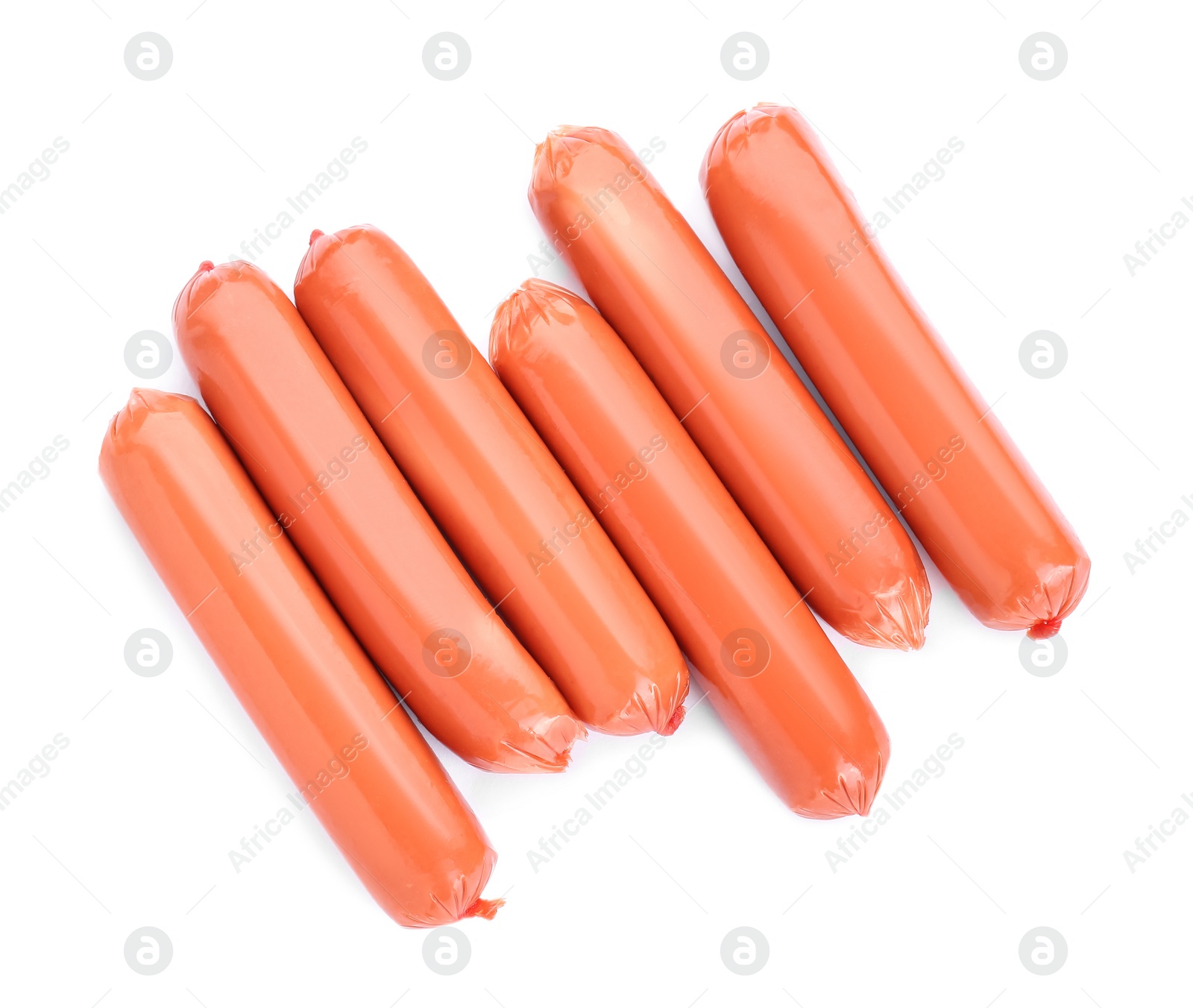 Photo of Fresh raw sausages isolated on white, top view. Meat product