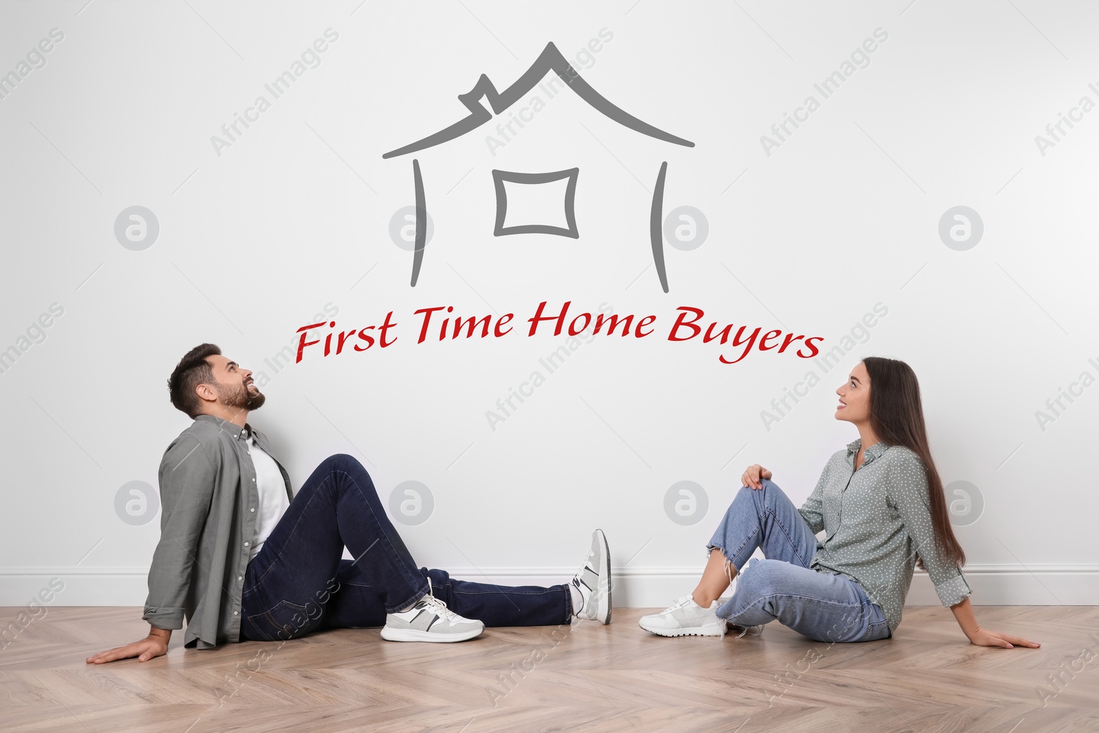 Image of Home buyers. Young couple dreaming about their first house. Illustration of accommodation