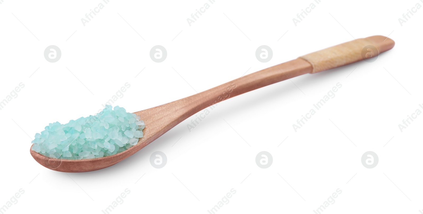 Photo of Wooden spoon with turquoise sea salt isolated on white