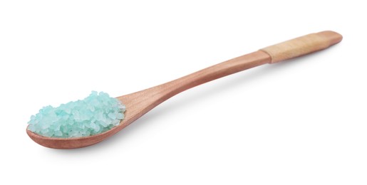 Photo of Wooden spoon with turquoise sea salt isolated on white