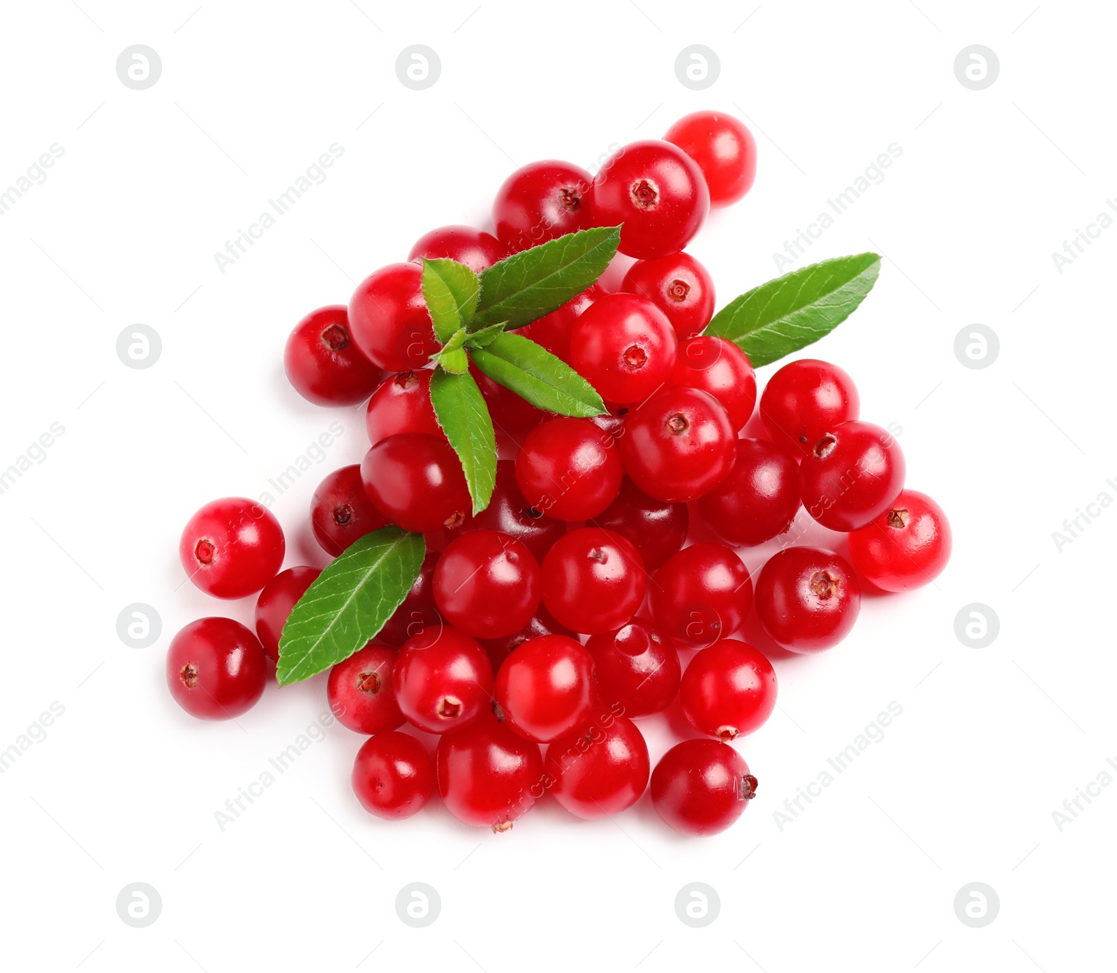 Photo of Pile of fresh ripe cranberries with leaves on white background, top view