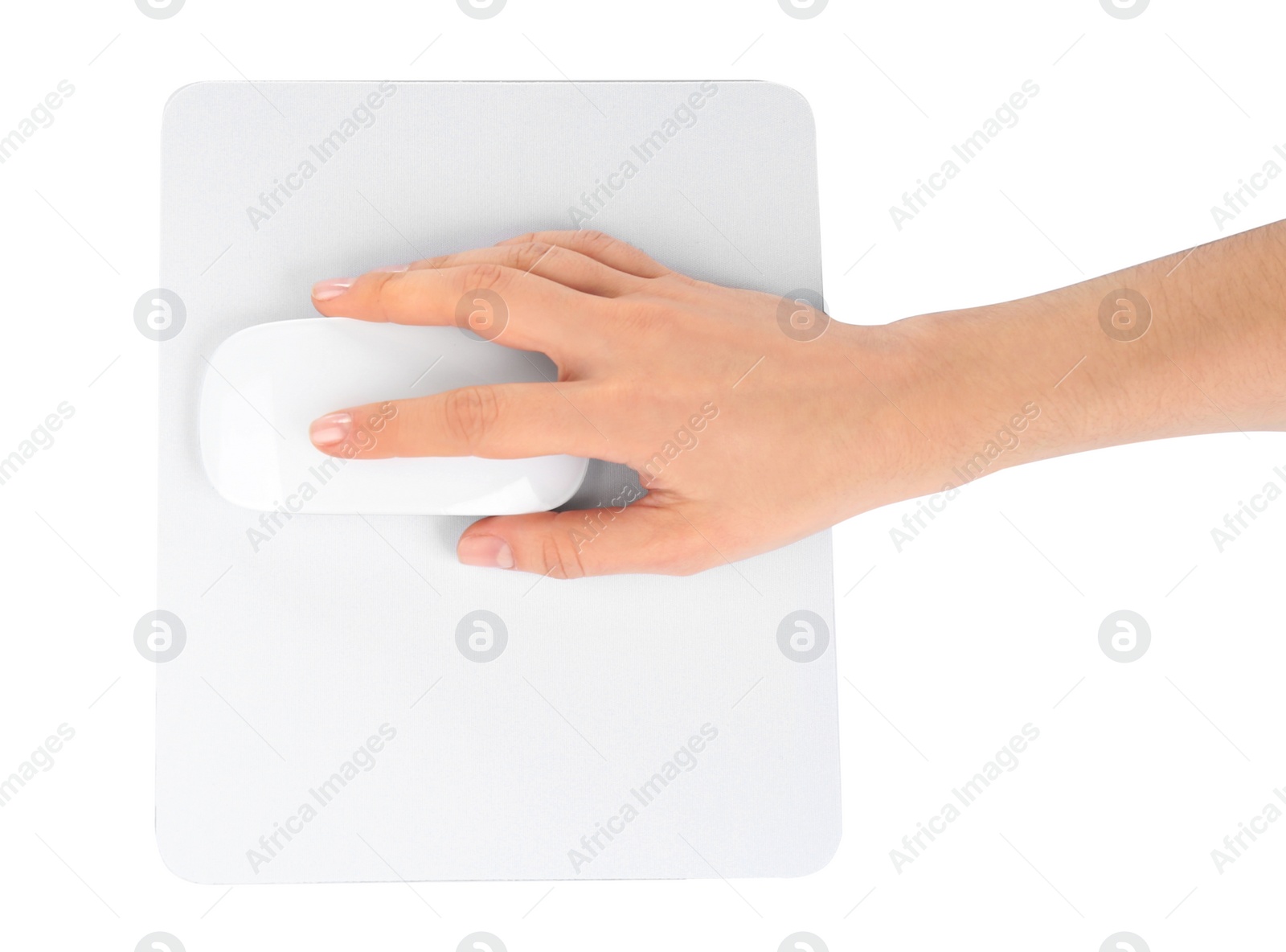 Photo of Woman with wireless mouse and pad isolated on white, top view