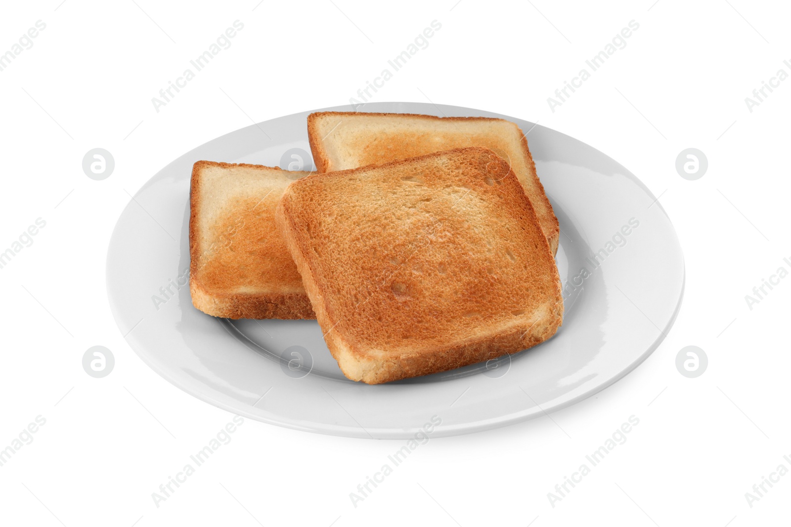 Photo of Plate with slices of delicious toasted bread on white background