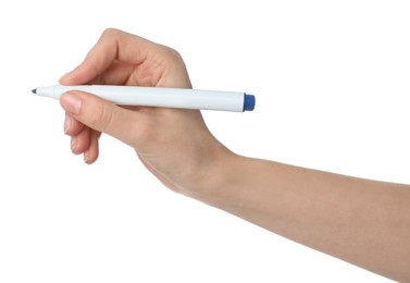 Woman holding color marker on white background, closeup