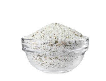 Photo of Natural herb salt in glass bowl isolated on white