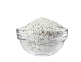 Natural herb salt in glass bowl isolated on white