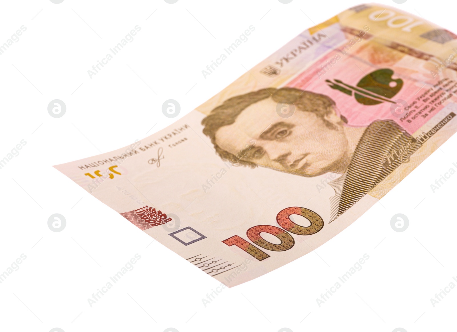 Photo of 100 Ukrainian Hryvnia banknote on white background