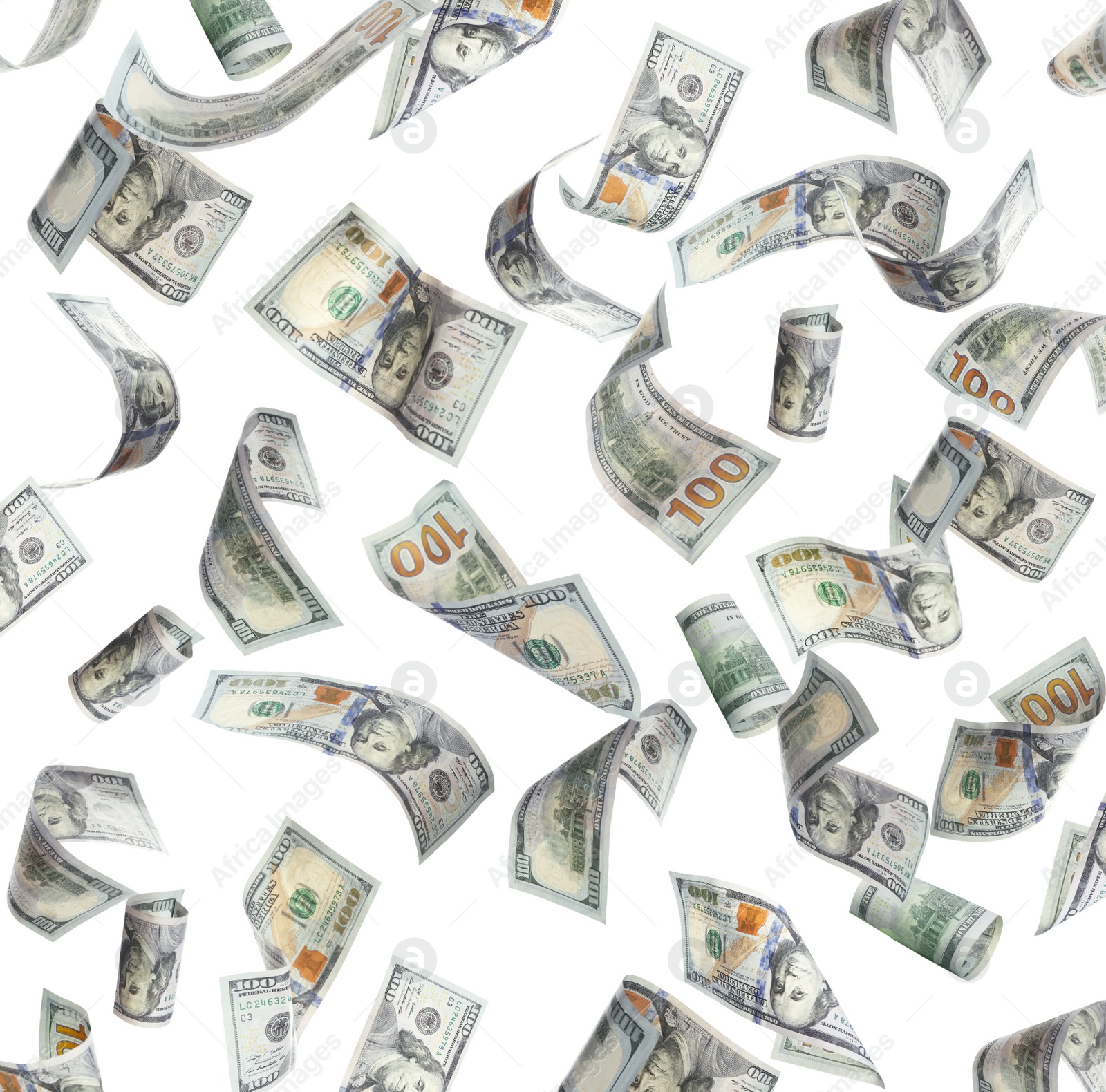 Image of Many American dollars on white background. Flying money