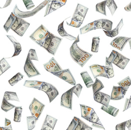 Image of Many American dollars on white background. Flying money