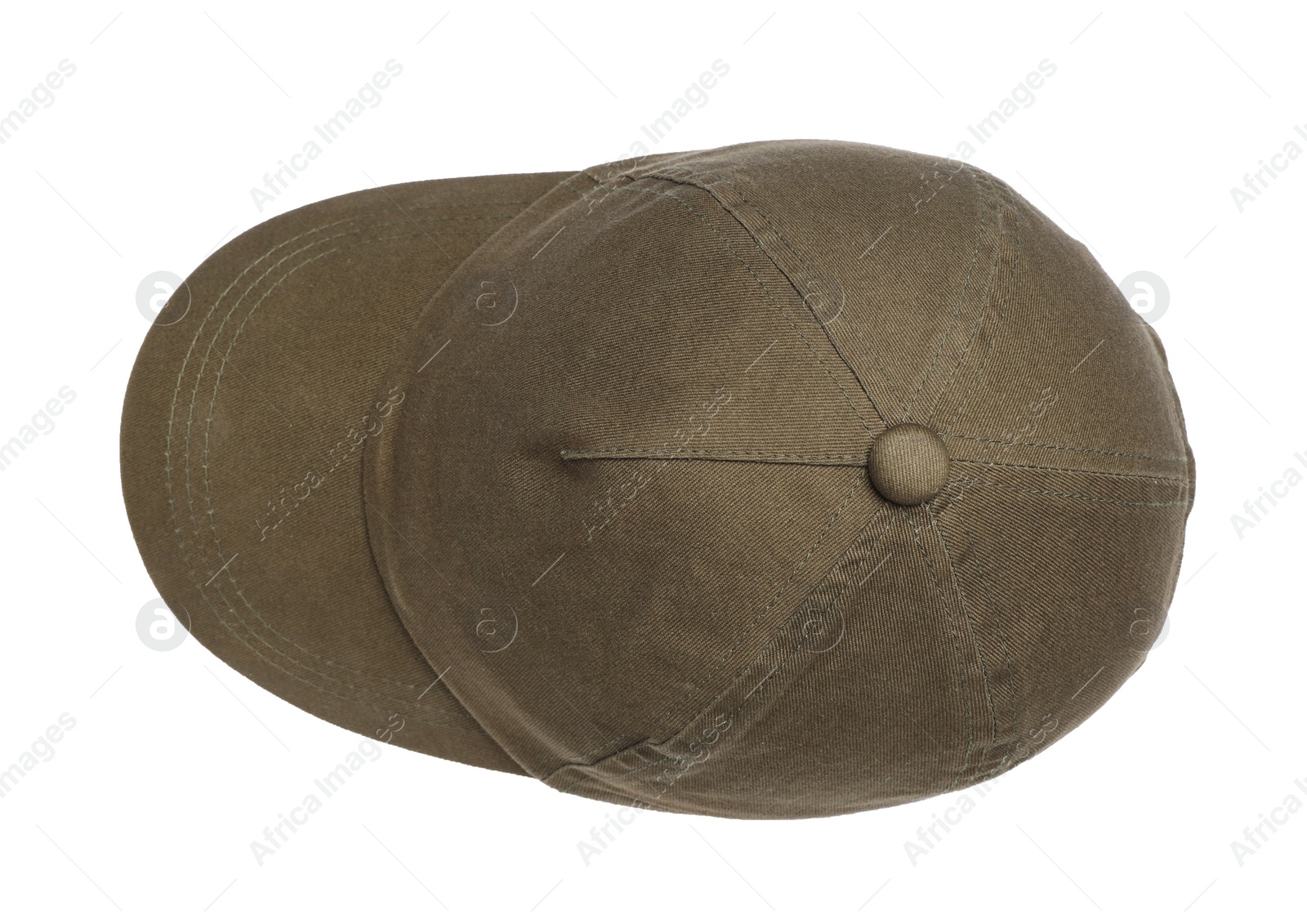 Photo of Stylish baseball cap isolated on white, top view