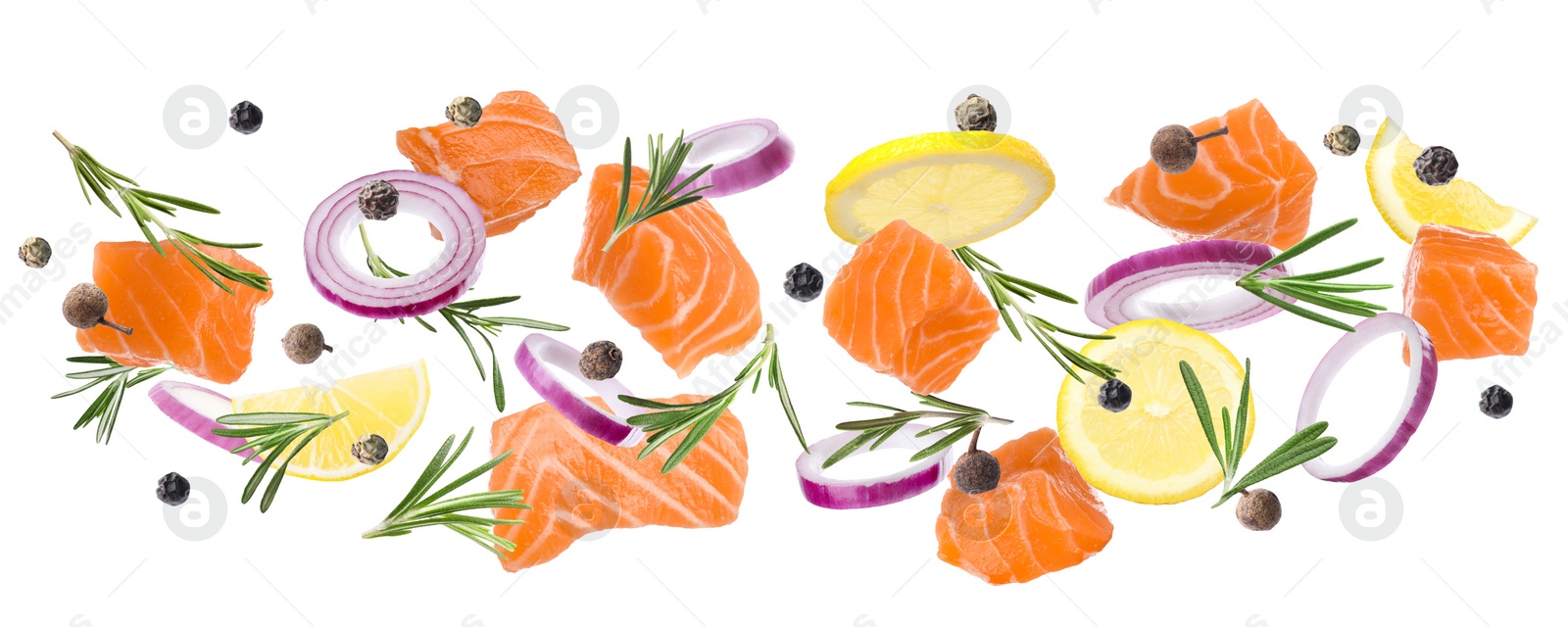 Image of Pieces of delicious fresh raw salmon and different spices on white background. Banner design 