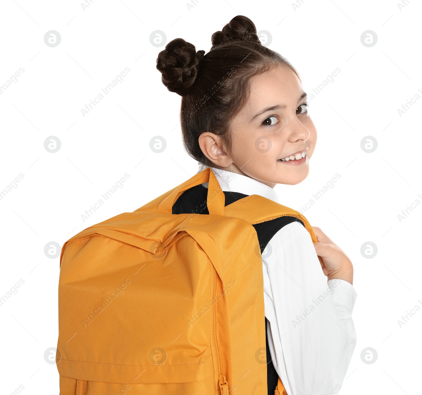 Photo of Happy girl in school uniform on white background