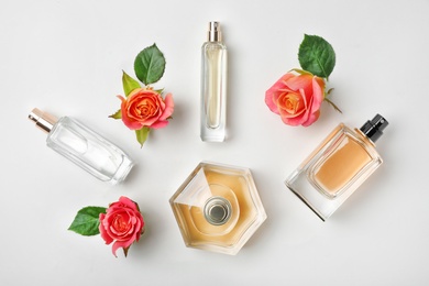 Photo of Composition with transparent bottles of perfume and beautiful flowers on white background