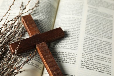 Willow branches and wooden cross on Bible, closeup