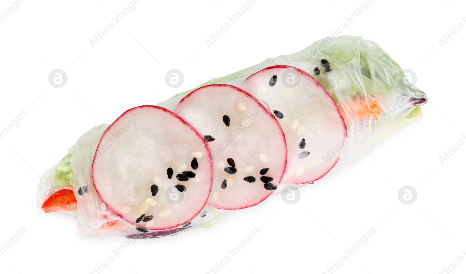 Photo of Delicious spring roll wrapped in rice paper isolated on white, top view