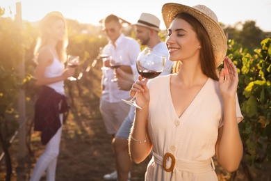 Beautiful young woman with glass of wine and her friends in vineyard on sunny day