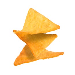 Image of Three tasty tortilla chips on white background