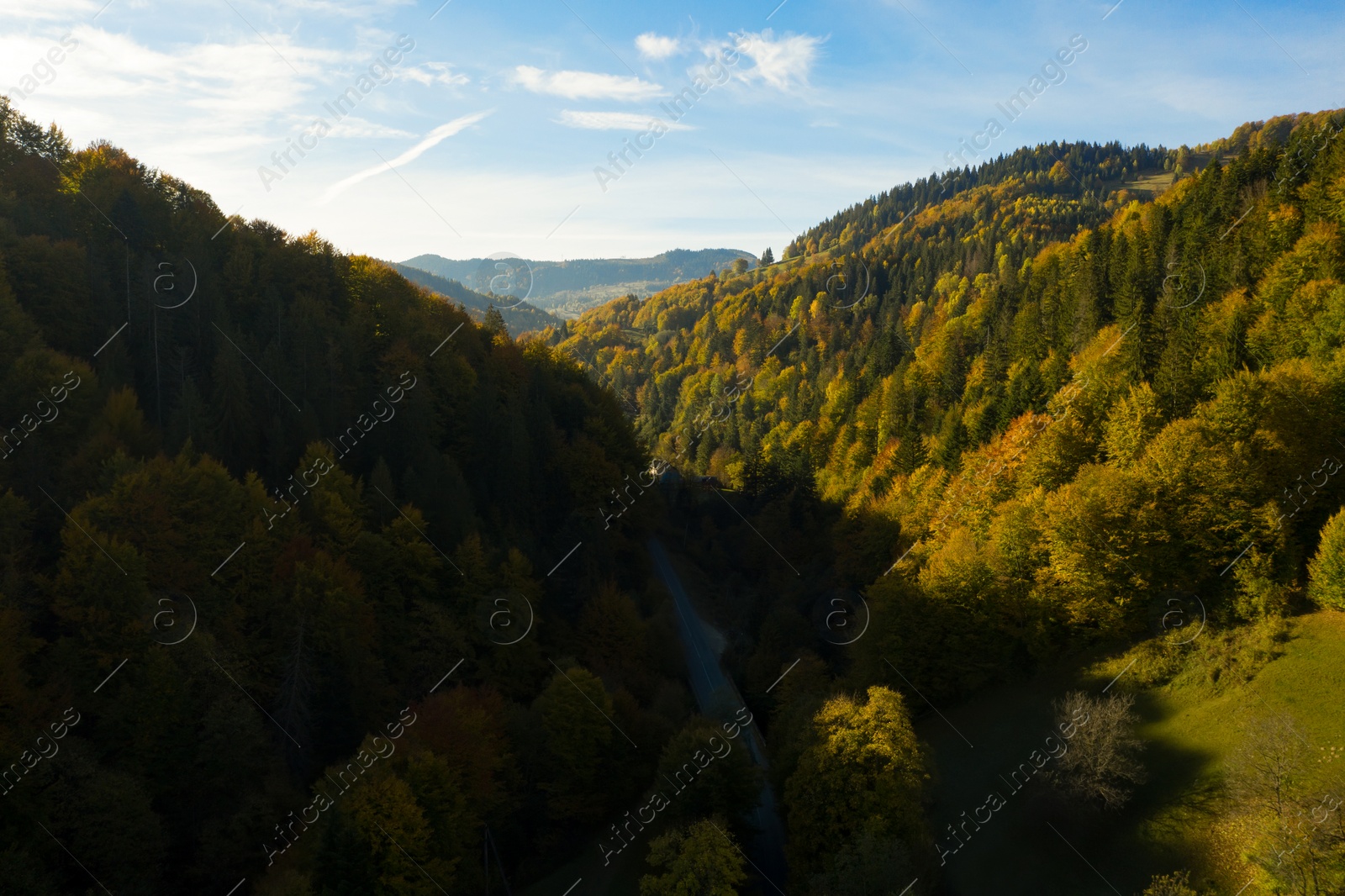 Image of Aerial view of beautiful mountain forest with road on autumn day