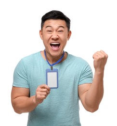 Photo of Emotional asian man with vip pass badge on white background
